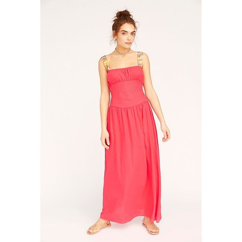 🆕 FREE PEOPLE Santorini Maxi Dress Tie Straps Coral Red Size 2 - Picture 8 of 13